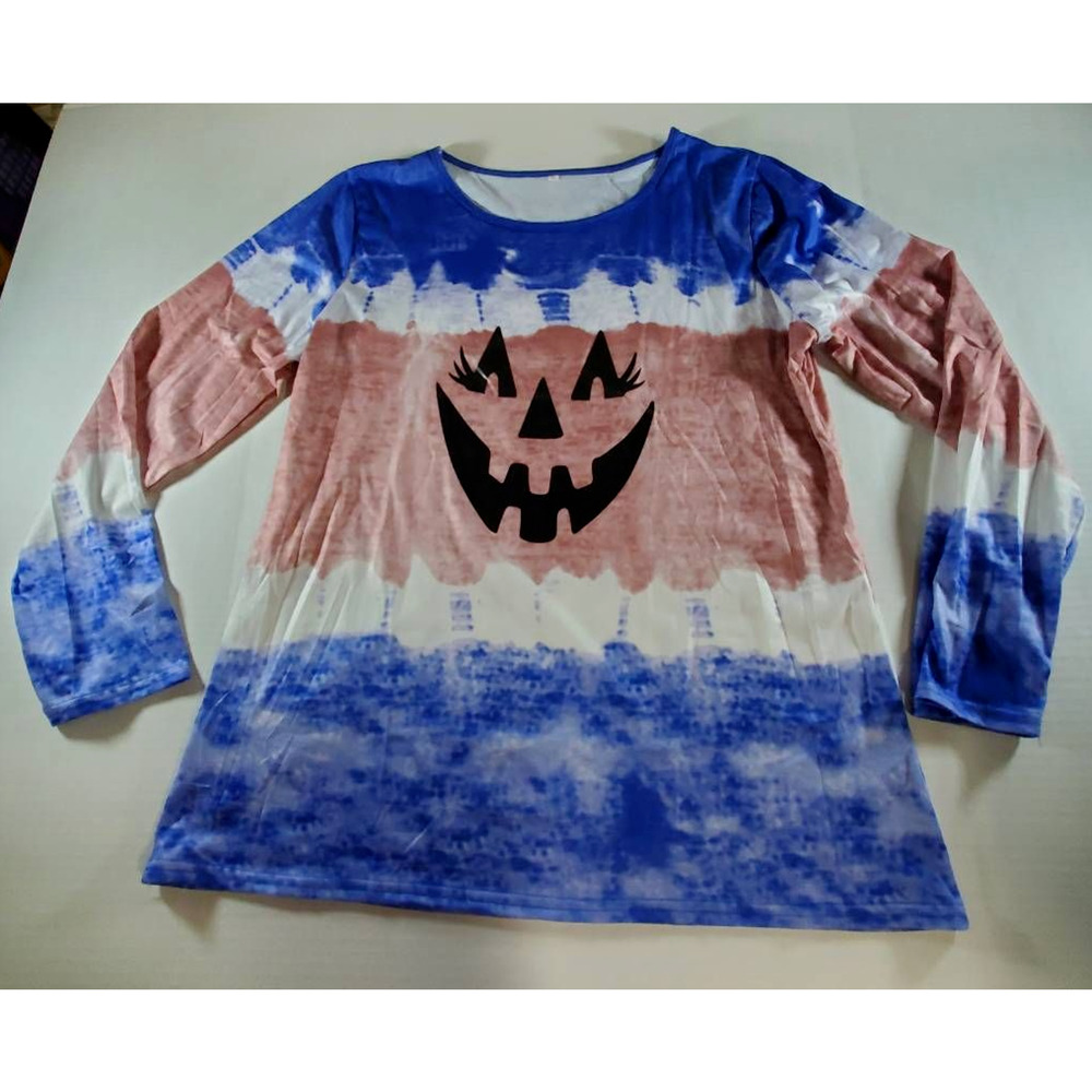 Halloween Jack O Lantern Womens 4XL T-Shirt Blue Pink Tie Dye LS Top Plus New